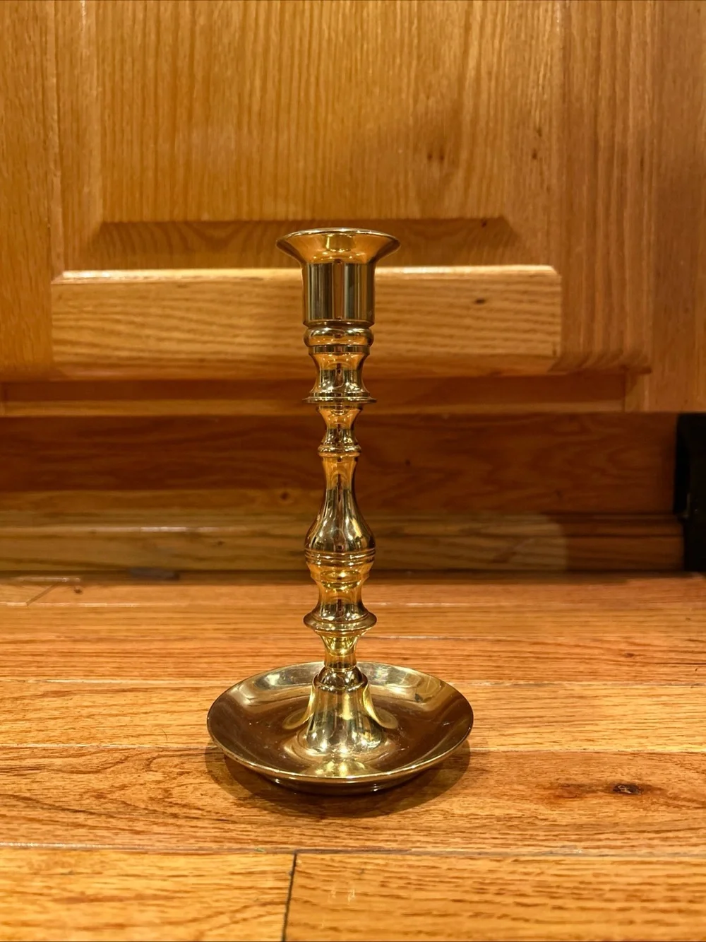 Brass Gold Tone Taper Candle Holder, Decorative Round Base, may be a Bombay